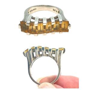 Sterling Citrine Wave Ring multi emerald cut gemstone prong set, 925 silver